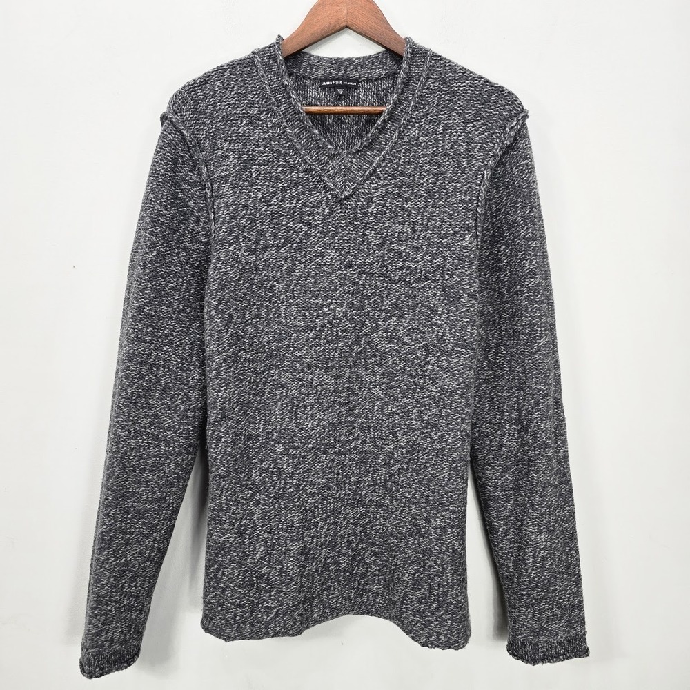 James Perse Los Angeles Overlap Sweater Mens 3 L Gray Wool Cashmere Blend V Neck